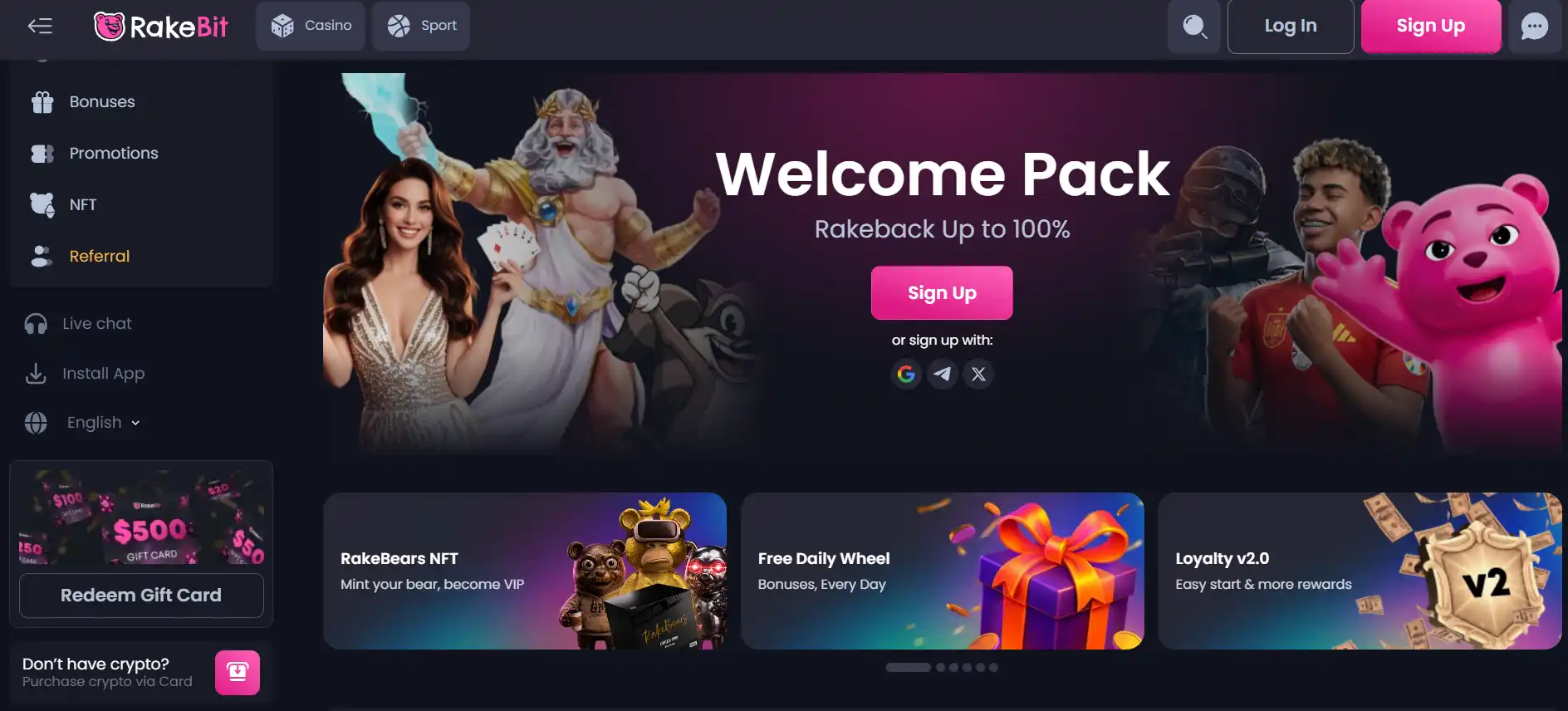 Rakebit public homepage with brand header, casino navigation and visible lobby content