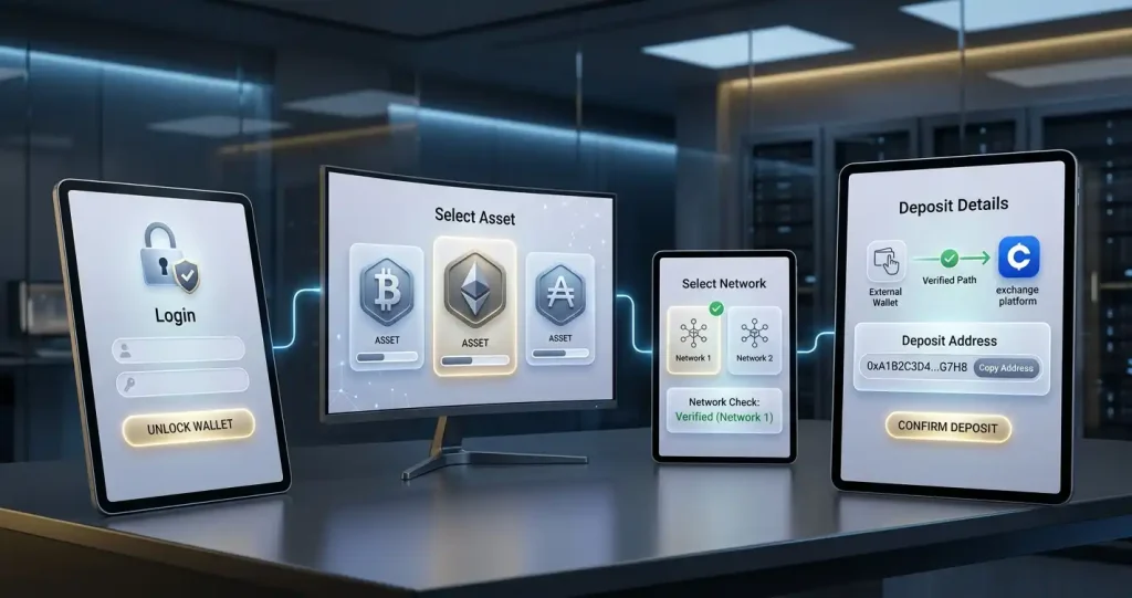 Rakebit public crypto deposit interface with asset and network selection controls